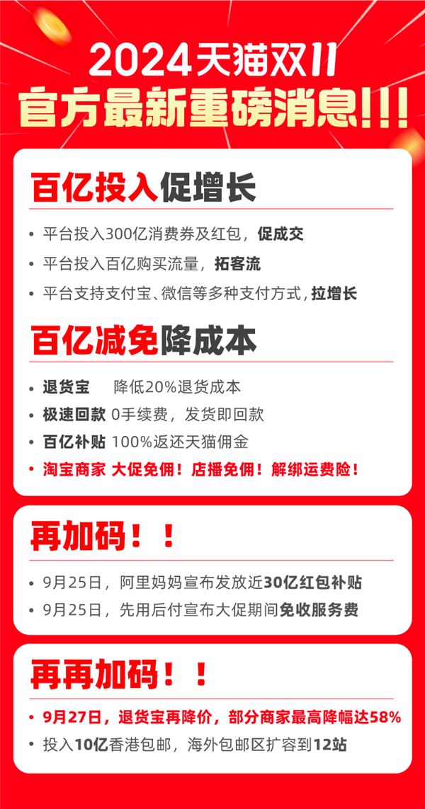 天猫双11迎来两个重磅好消息！淘宝全量上线微信支付  退货宝最高降幅达58%